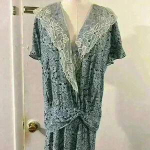 Vtg Karin Steven’s 80’s Floral Blue Dress Peter Pan Collar Sz M Cottagecore Lace